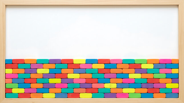 Multicolored rectangular blocks forming a brick wall pattern inside a light wooden frame with space