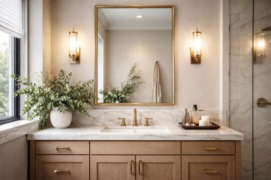 contemporary bathroom featuring a vanity sink with decorative greenery and a framed mirror