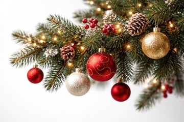 Fototapeta premium Christmas pine branch with lights and ornaments against a crisp white backdrop