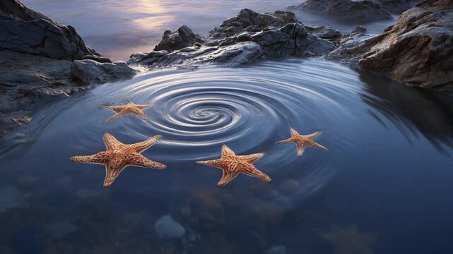 Four starfish float on calm water with a captivating spiral ripple, nestled among dark coastal rocks under a soft, twilight sky.