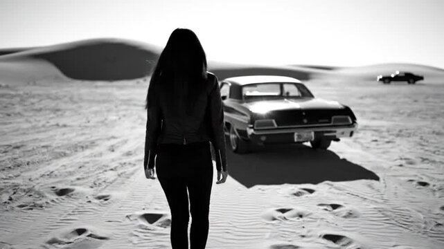 Cinematic Black and White Shot of a Woman Walking Towards a Classic Muscle Car in the Desert Dunes