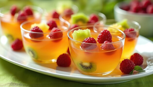 Several clear glasses filled with orange fruit jelly and fresh berries. Juicy kiwi slices are visible inside gelatin dessert. This sweet treat sits on white platter with green tablecloth background.