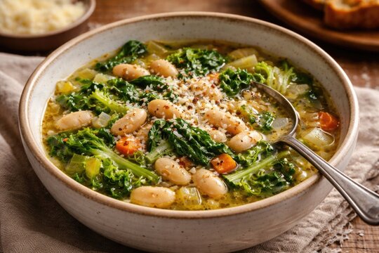 Comforting white bean soup with escarole greens in a ceramic bowl