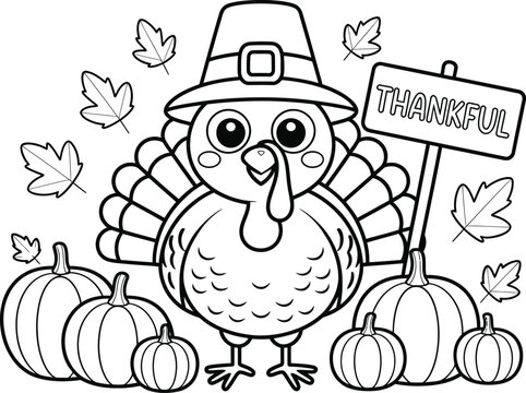 Thanksgiving turkey with pumpkins and leaves coloring page Keywords: thanksgiving, turkey