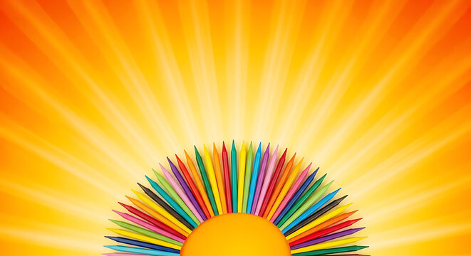 Sunburst of multicolored pencils around a central sun against an orange and yellow radial background