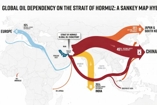 Global oil dependency sankey map illustrating crude petroleum export flow and strategic chokepoint logistics from the strait of hormuz to major international markets