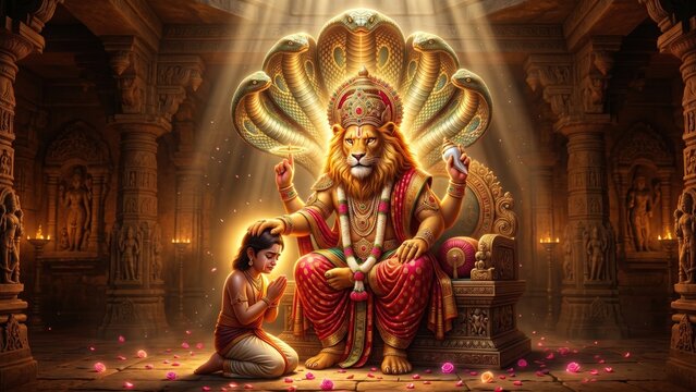 Lord Narasimha Protecting Prahlad &ndash; Divine Blessing Scene