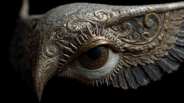 Ornate metallic eagle eye sculpture closeup