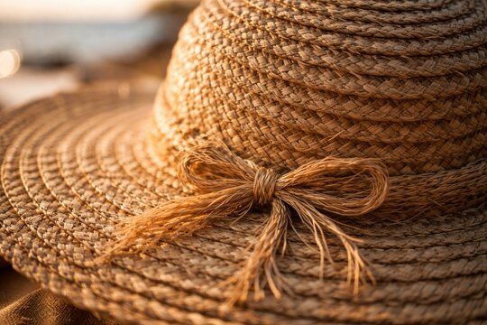 Intricately stitched raffia fiber straw hat with textured summer appeal close up