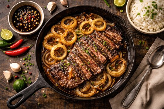 Flat lay of dry aged Angus bistek tagalog steak Filipino style with fried onion rings and soy dipping sauce in cast iron