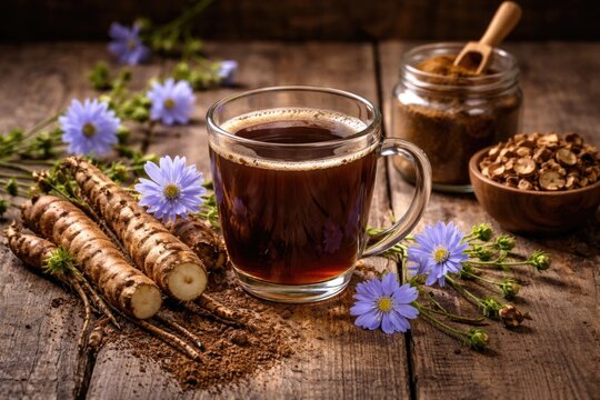 Wellness drink made from chicory root and blossoms displayed on a wooden rustic surface