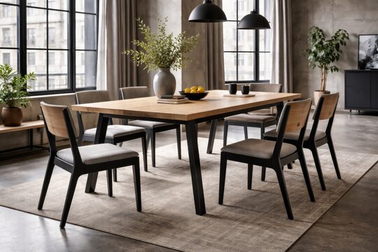 Loft inspired dining table set with matte black aluminum legs and light wood finish in a stylish interior