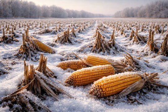 Frozen cornfield under a layer of snow showing harvested corn in winter