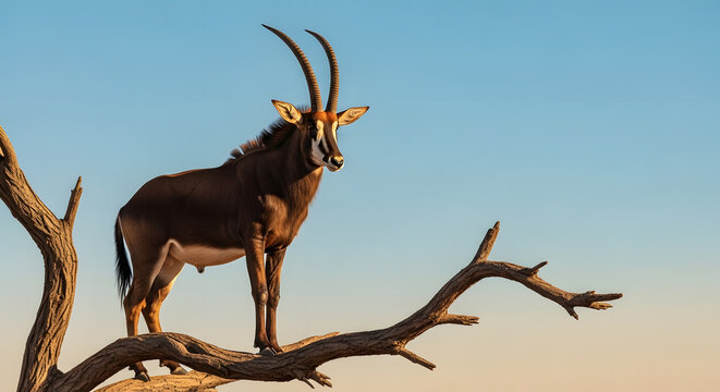 A majestic addax antelope gracefully stands atop a weathered dry tree branch in a desert landscape showcasing its beauty