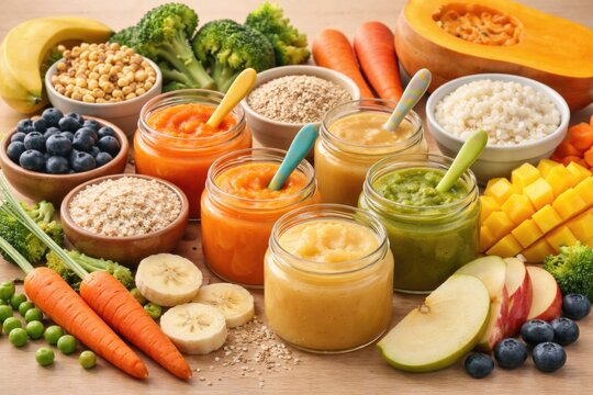 Assortment of infant baby food options featuring fruit and vegetable purees with rice porridge and cereals for babies over six months
