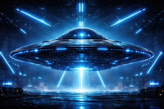 Modern alien spacecraft illuminated by vivid blue neon lights in a dark electronic stage setting