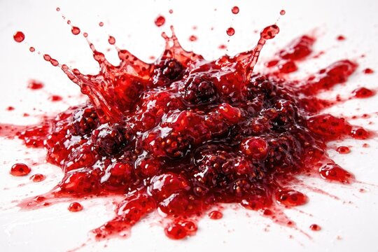 Close up of red berry jam splashing on clean white surface with vivid texture