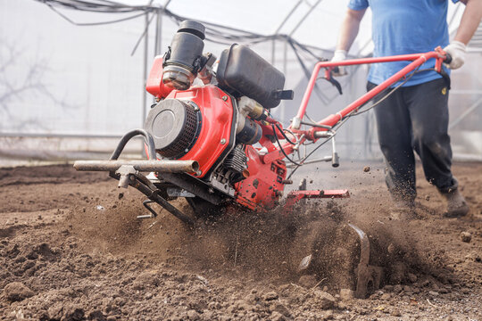 Rotary tiller cultivating soil in greenhouse for seedbed preparation and planting rows