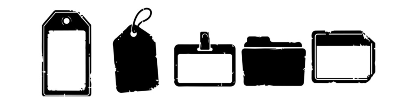 Set of Grunge Distressed Office Stationery Icons Including Price Tags, ID Badge, File Folder, and Label Silhouettes in Black and White
