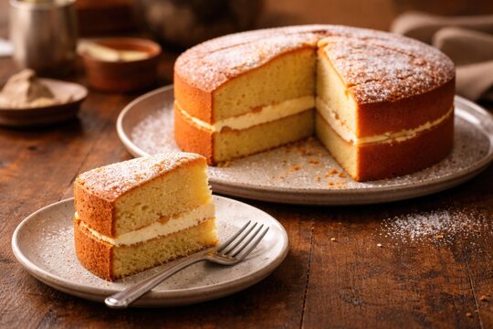 freshly baked cake resting on a round plate with a fork and a cut slice