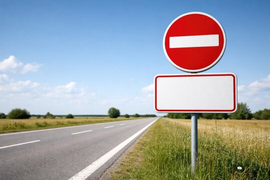 Open sky scene with vehicle no entry sign and designated blank text area