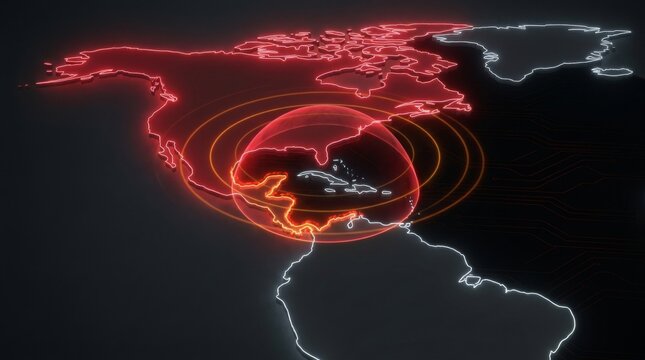 Digital north america map visualization with glowing red warning radar pulse emanating from the gulf of mexico region against a sleek dark high tech background