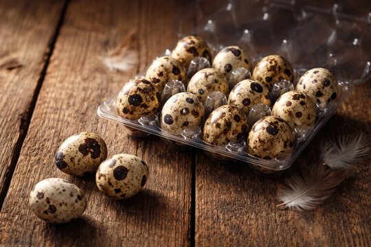 Freshly gathered quail eggs arranged in packaging on textured wooden table with copy space