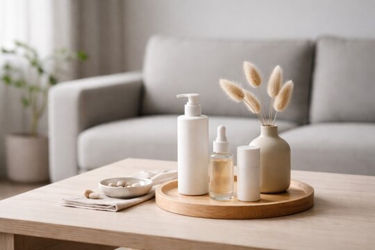 Minimalist product display setup on empty table with blurred grey sofa in home interior