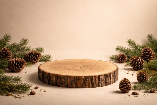 Circular wooden stage with fir cones on beige backdrop featuring copy space for promotional banners