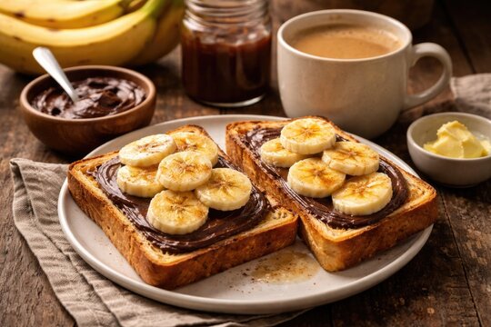 Toasted bread featuring buttery banana slices and smooth chocolate jam paired with a warm coffee cup