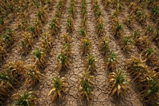Birds eye perspective on drought damaged corn plantation with stunted growth