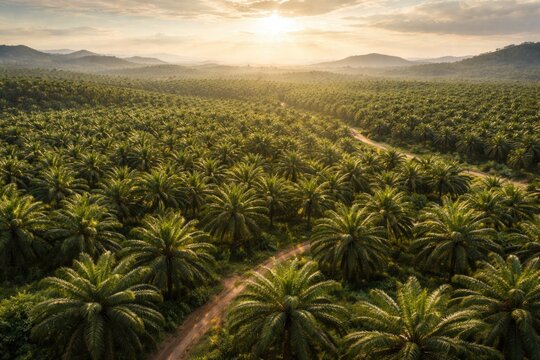 Vast agricultural landscape full of mature palm oil trees