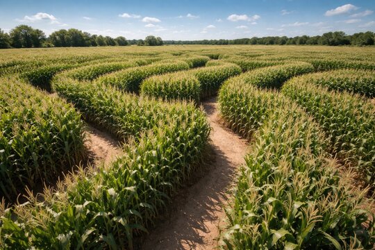 Discovering twists in a large corn maze with clear sky above