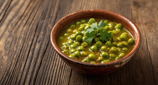 Fresh green pea curry plated in a rustic pottery bowl with coriander garnish on a timber surface copy space