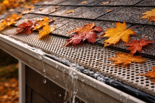 Gutter guard protection shown with autumn leaves on shingle roof emphasizing drainage