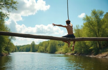 Obraz premium Young boy sits on log bridge, ready to swing into river. Summer day sun shines on water, green trees surround. Boy has arms open, contemplates jump.