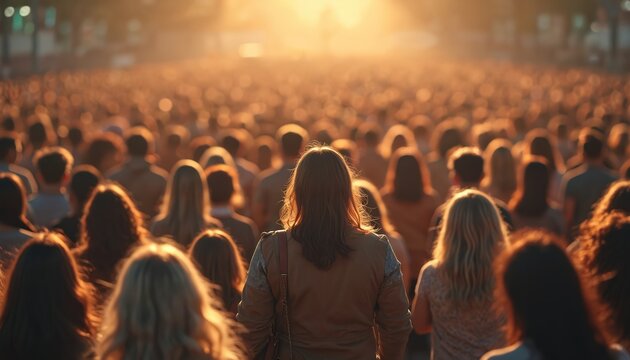 Large crowd of diverse people gathered together outdoors at sunset sunrise. Warm golden light illuminates individuals in mass of humanity. Face bright light source ahead, suggesting unity common goal.