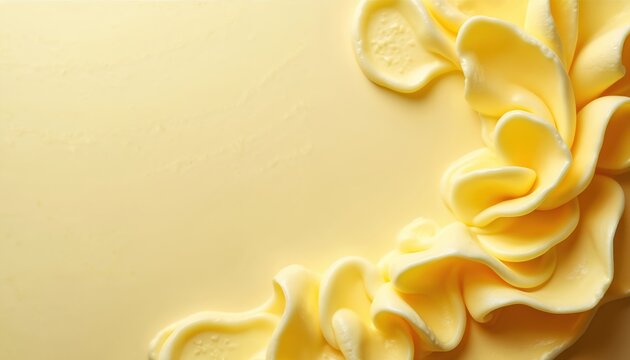Creamy yellow butter swirls forming abstract floral shapes. Smooth texture creates rich, inviting visual for culinary cosmetic use. Simple background evokes warmth, comfort, perfect for baking