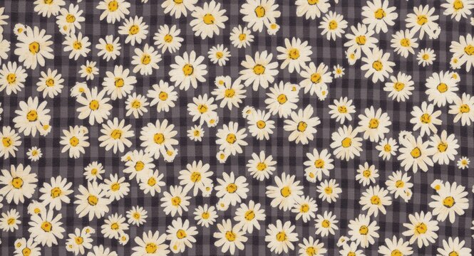 Textile print featuring continuous daisy motifs on a checked pattern backdrop