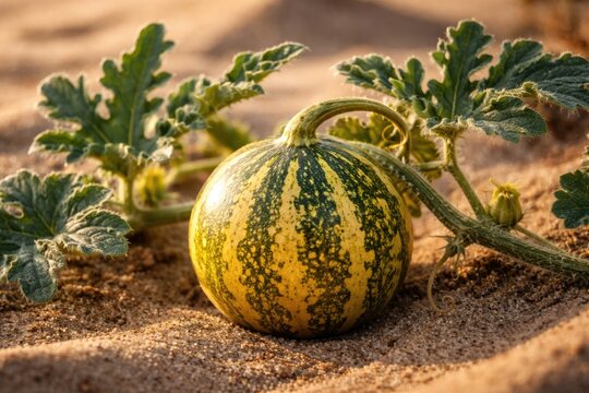 Macro shot of Citrullus colocynthis ripe fruit alongside stems and leaves growing on a sandy landscape
