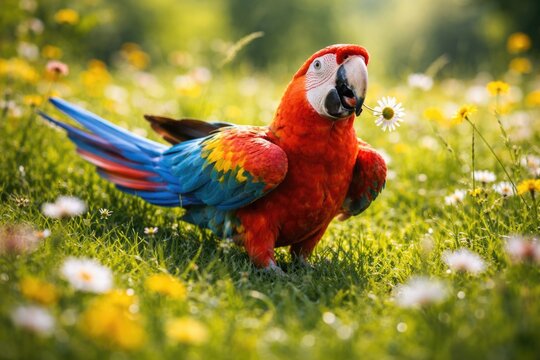 Joyful pet parrot playing in lush summer grass field full length view