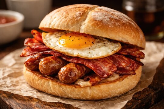 Delicious morning roll packed with bacon strips, sausage links, and fried egg