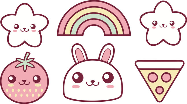 Pink kawaii sticker set with cute bear cat and cupcake