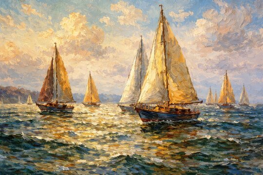Impressionistic oil painting depicting sailboats on water with textured impasto technique