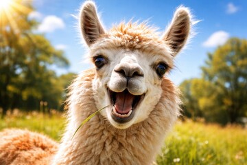 Fototapeta premium Close up of a playful llama with a joyful expression on a bright summer day