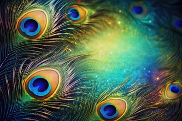 Obraz premium Exquisite peacock feathers close up featuring colorful copy space and matching backdrop