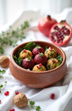 Pkhali balls in clay bowl ketsi with beet and spinach. Multicolored vegan appetizer served with walnuts and pomegranate seeds. Healthy Georgian food.