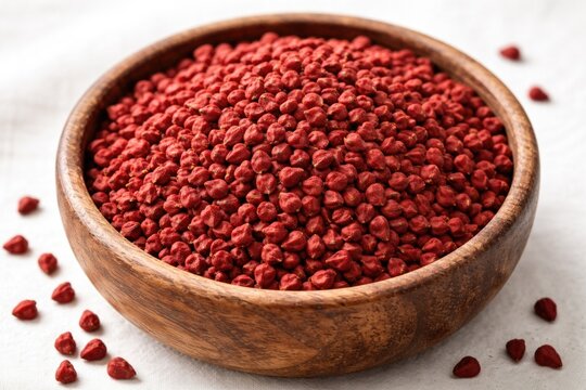 Close up of annatto organic seeds in a natural wooden bowl with white backdrop
