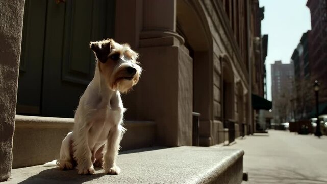 Adorable Schnauzer Puppy Sitting Alert On City Stairs With Warm Morning Light Illuminating Its Fur