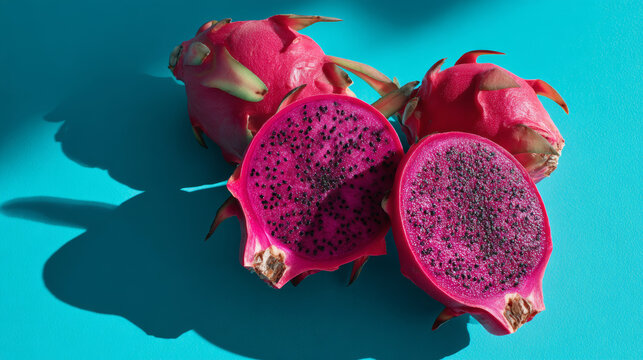 Top view of sliced neon pink dragonfruit on turquoise background, tropical pitaya fruit with hard sunlight and sharp shadows, pop art aesthetic with vibrant colors, minimalist exotic food concept